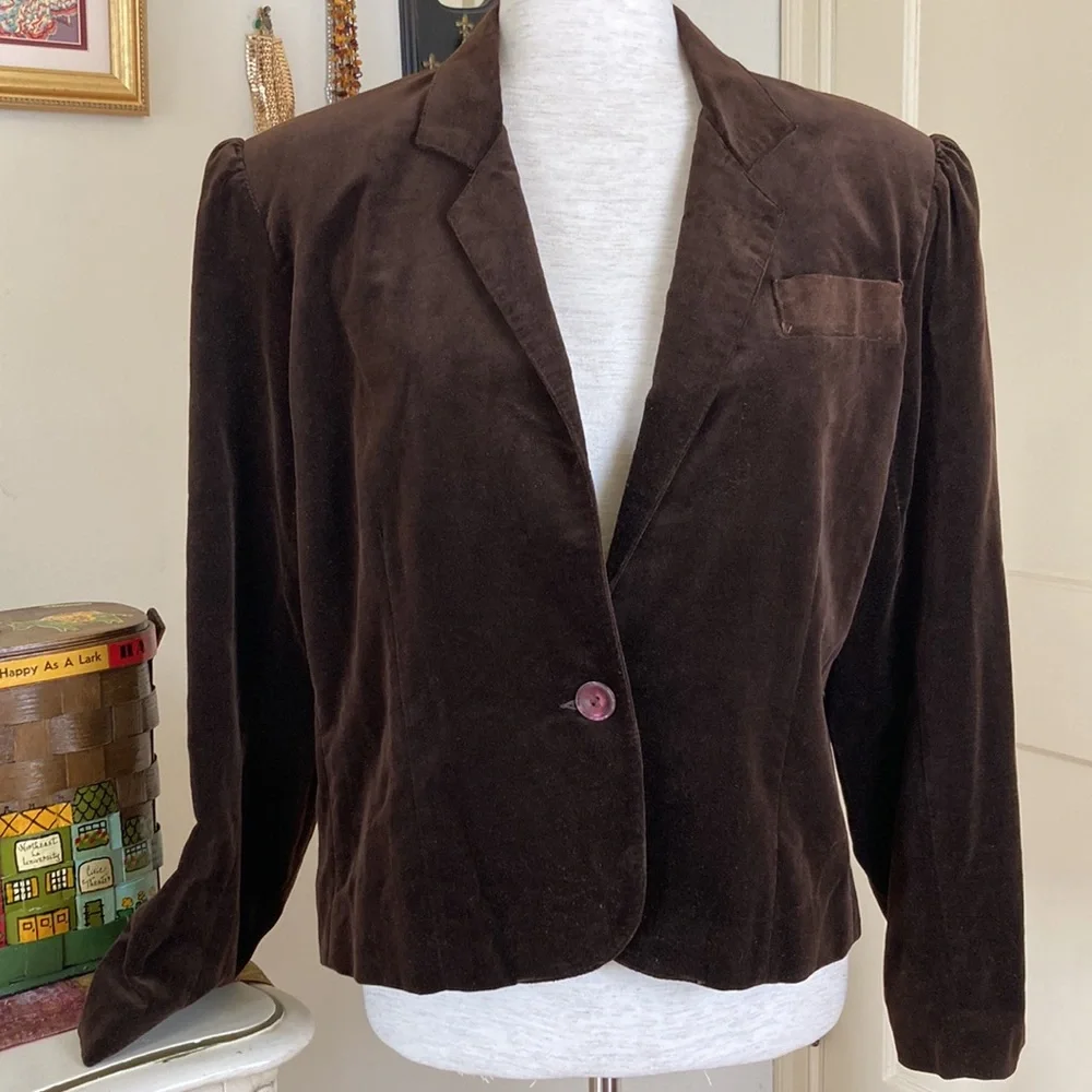 Vintage 70s Chocolate Brown Velvet Peplum Blazer Sz 16